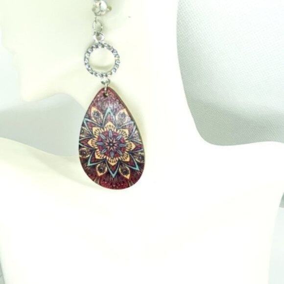 NWT Silver-Tone Rhinestone Painted Wood Dangle Earrings - Picture 6 of 9